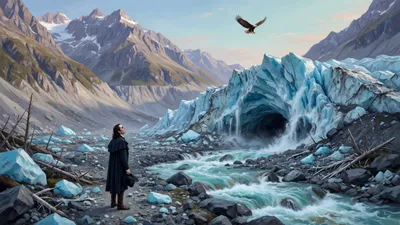A tiny man stands hat in hand on a rubble plain below the towering blue-white wall of a glacier with shattered pines and bare mountains around him.