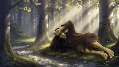 A huge gaunt figure lies in deep shade beside a forest brook with one forearm raised across his eyes against shafts of bright sunlight.