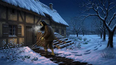 A huge figure stacks firewood and clears snow with a spade by moonlight behind a dark cottage, with enormous footprints leading away toward the woods.