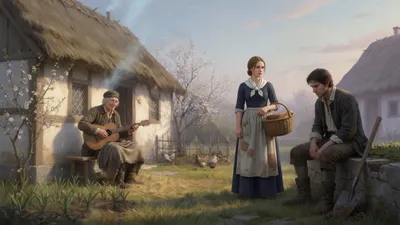 Outside a poor cottage in spring, a blind old man plays a guitar on a bench while a young man sits apart with his head bowed and a young woman watches him.