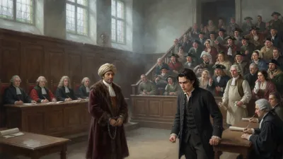 A merchant in chains stands before robed judges in a crowded courtroom while a young man half rises from the gallery with clenched fists.