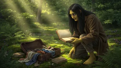 A huge gaunt figure kneels over an open travelling case in sunlit woodland, holding an open book in one enormous hand.