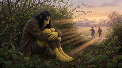 A huge gaunt figure crouches hidden in thick undergrowth at sunrise while two tiny figures walk a distant field path.