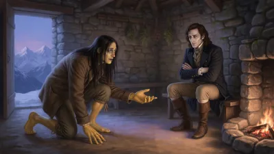 A huge gaunt figure extends an open hand across a dying fire toward a pale young man who sits with his arms folded.