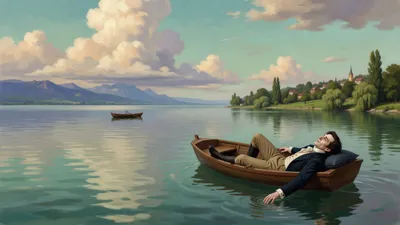 A young man lies back alone in a small drifting boat on a wide calm lake beneath tall summer clouds.