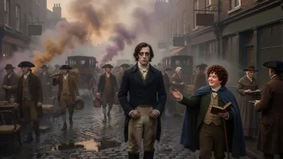 A pale man stands motionless in a busy London street while his companion turns back to speak to him.