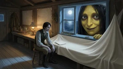 A gaunt man sits thinking beside a covered workbench while an enormous grinning face watches through the window behind him.