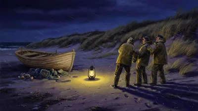 A lantern stands alone on wet sand at night beside a beached fishing boat while three fishermen in oilskins look away toward something out of the frame.