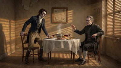 A gaunt young man speaks urgently across a table while an elderly gentleman half rises with a hand raised in refusal.