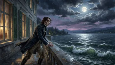 A man stands alone at an inn's lakeside balustrade at night as a storm drives clouds across the moon and waves rise below.