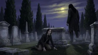 A man kneels swearing an oath before a family tomb at night while a huge indistinct figure stands among distant cypresses.