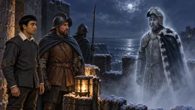 A plainly dressed young scholar and a helmeted soldier stand on a moonlit castle battlement in winter mist, both looking toward a still figure in old plate armour at the far end of the platform.