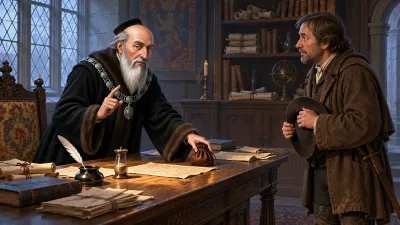 An elderly official in a fur-edged black robe leans across a writing table, pushing a purse and folded papers toward a travelling servant in riding boots who listens with his hat in his hand.
