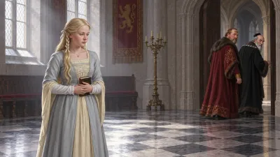 A fair-haired young woman stands alone holding a small book in a large empty castle lobby, while a richly dressed king and an elderly official step out through a deep arched doorway at the far edge of the scene, one of them glancing back.
