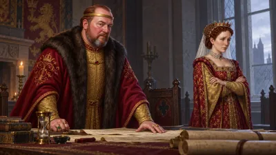 A crowned king in a crimson fur-collared robe leans over a table of papers in a cold grey dawn while a richly dressed queen stands apart at the window with her arms folded.