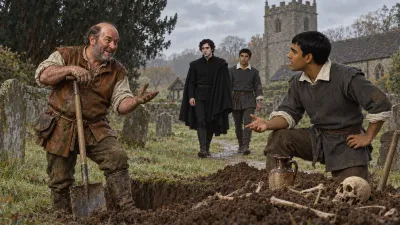 Two labourers dig a grave in an overcast churchyard, one leaning on his spade beside a heap of earth with old dry bones on it, while a man in black and a plainly dressed scholar approach along the path.