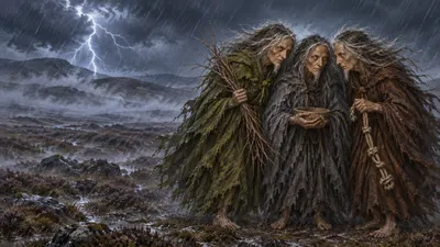 Three bent, barefoot old women in ragged green, grey and brown cloaks stand close together on stormy moorland, hair blown sideways, with fog and a fork of lightning behind them.