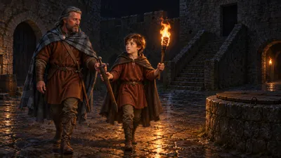 In a pitch-dark castle courtyard a grey-bearded man in a checked cloak hands his sword to a boy carrying a burning torch, while a second small torch appears in a distant archway.