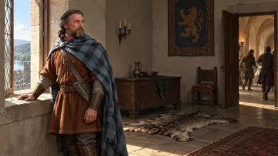 A grey-haired bearded man in a russet tunic and blue-grey checked cloak stands alone at a tall window in a stone room, one hand on the sill, glancing back toward an open door where attendants pass.