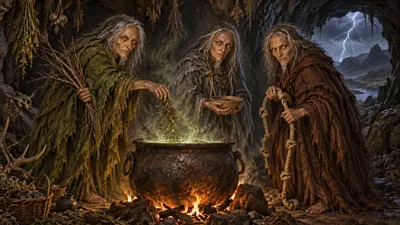 Three ragged barefoot old women in green, grey and brown cloaks circle a battered iron cauldron giving off green steam in a dark rocky cave, lit from below by firelight.