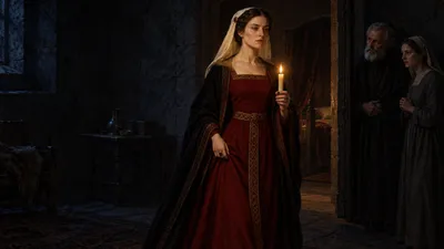 A woman in a crimson gown with a dark robe over it walks out of a doorway at night holding a lit taper, her eyes open and blank, while a grey-bearded man in a dark robe and a woman in grey watch from the shadows.