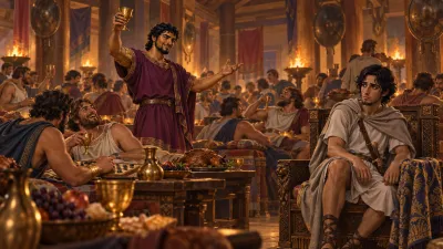 A young olive-skinned man in a pale wool tunic sits brooding in a grand hall while a handsome, bearded suitor in a rich purple tunic laughs over a loaded banquet table.