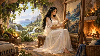 A radiant woman in a shimmering white gown weaves at a golden loom inside a rocky cave surrounded by flowering vines and burning cedar wood.