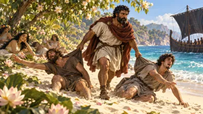 A broad-shouldered warrior drags two weeping sailors away from gentle islanders offering pink flowering lotus blossoms under sunny palms.