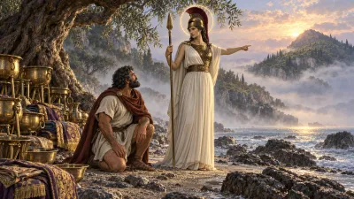 A broad-shouldered warrior kneels beside piled bronze cauldrons on a rocky, foggy beach before a tall goddess in a bronze breastplate holding a spear.