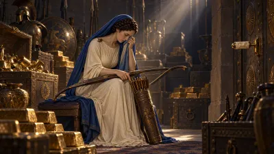 A woman in a cream gown and blue mantle weeps as she rests a curved horn bow across her knees inside a cedar-scented royal storeroom.