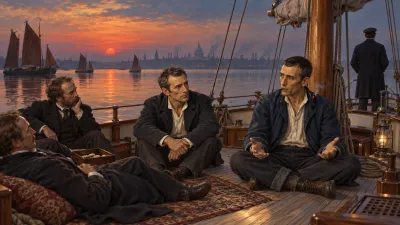 A small anchored sailing yacht on flat water at sunset, four men seated around the deck and a fifth sitting cross-legged against the mast with his palms turned outward.