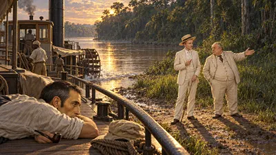 Two European men in tropical clothes talking on a muddy riverbank in low golden light, one plain and neat, one short and heavy gesturing at the forest, seen from a steamboat deck where a seaman lies flat and still.