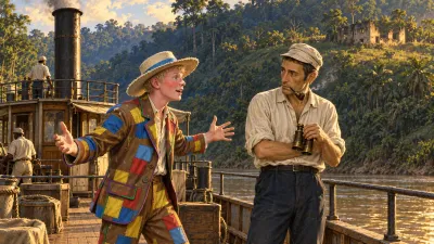A young man in a brightly patched suit talking with both arms thrown wide on a steamboat deck to a lean seaman holding binoculars, a ruined house on a grassy hill behind them.