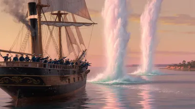 An 1860s steamship at dawn with two huge columns of water shooting into the air beside it while officers watch from the rail.