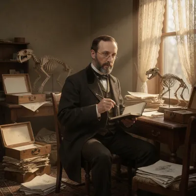 A bearded French professor in spectacles sitting among packing crates and specimens in a New York hotel room.