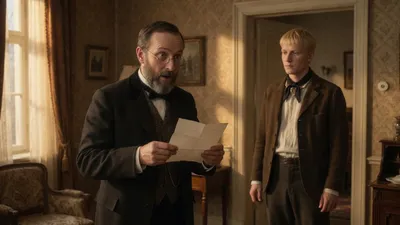 A French professor holding a letter with excitement while his calm Flemish servant waits in the doorway.