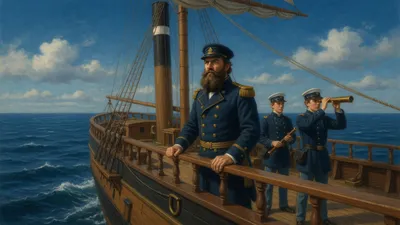 A naval commander in blue uniform staring at the horizon from the deck of a steam frigate.