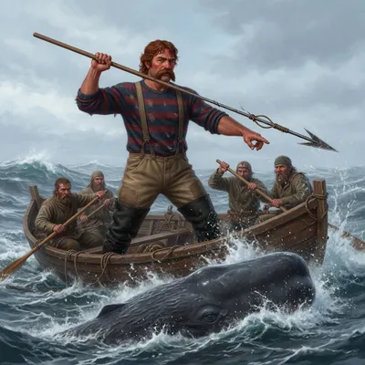 A large harpooner throwing a harpoon from the bow of a whaleboat as a whale surfaces ahead.