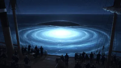 A huge glowing oval of light beneath the sea at night with a ship's crew silhouetted at the rail.