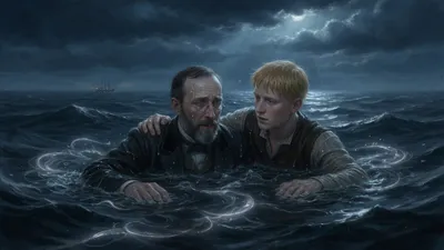 Two exhausted men swimming together in a dark sea at night as a ship's lights vanish in the distance.