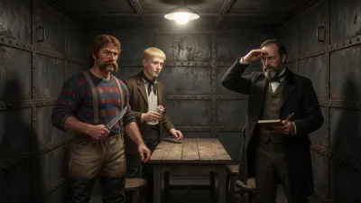 Three men in a bare iron cell squinting as a brilliant electric globe lights up in the ceiling.