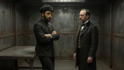 A dark-bearded captain with folded arms setting terms to a French professor in an iron cabin.