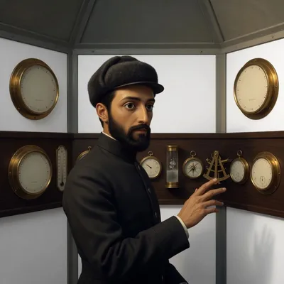 A captain gesturing at a wall of brass navigation instruments in a plain submarine cabin.