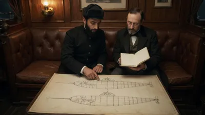 A captain and a professor studying a technical drawing of a cigar-shaped submarine on a low table.