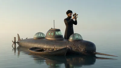 A dark-bearded captain taking a sextant sight on the flat deck of a low steel submarine at sea.