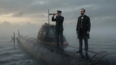 An officer with a spyglass sweeping the horizon on a submarine deck while a professor watches unnoticed.