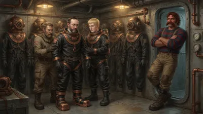 Crewmen helping a professor into a diving suit while a large Canadian leans in the doorway refusing.