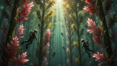 Divers walking through an underwater forest where all the plants grow straight upward.