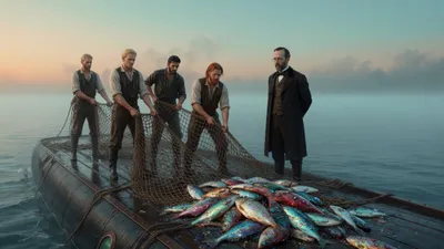 Silent crewmen hauling a full trawl net onto a submarine deck while a professor watches.