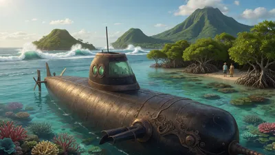 Two green volcanic islands ringed by surf seen from the deck of a submarine, with islanders watching from the shore.